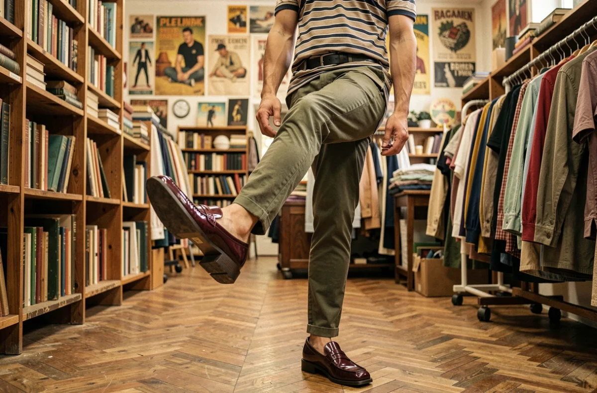 Homme dans une friperie vintage tenant fièrement son pied chaussé d'un mocassin carré brillant et volumineux au style rétro assumé