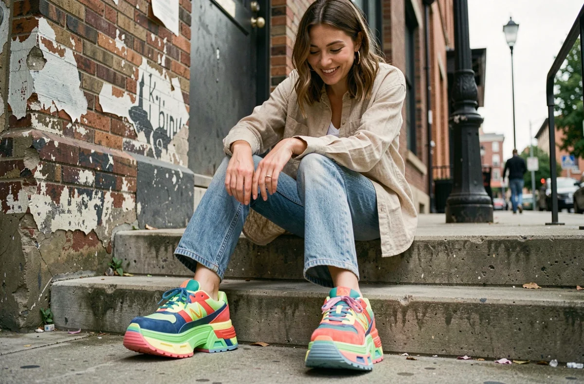 Femme portant des chaussures chunky plateformes colorées et moches assumées, assise sur des marches urbaines en béton, souriante et décontractée
