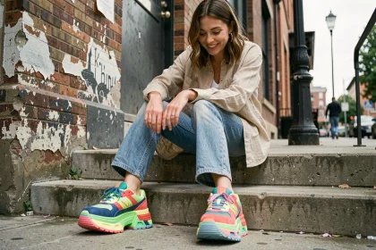 Femme portant des chaussures chunky plateformes colorées et moches assumées, assise sur des marches urbaines en béton, souriante et décontractée