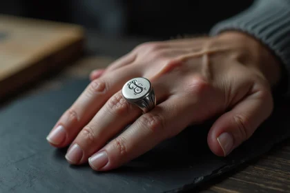 Chevalière homme en argent gravée portée à l'auriculaire, posée sur une ardoise sombre dans un atelier artisanal français