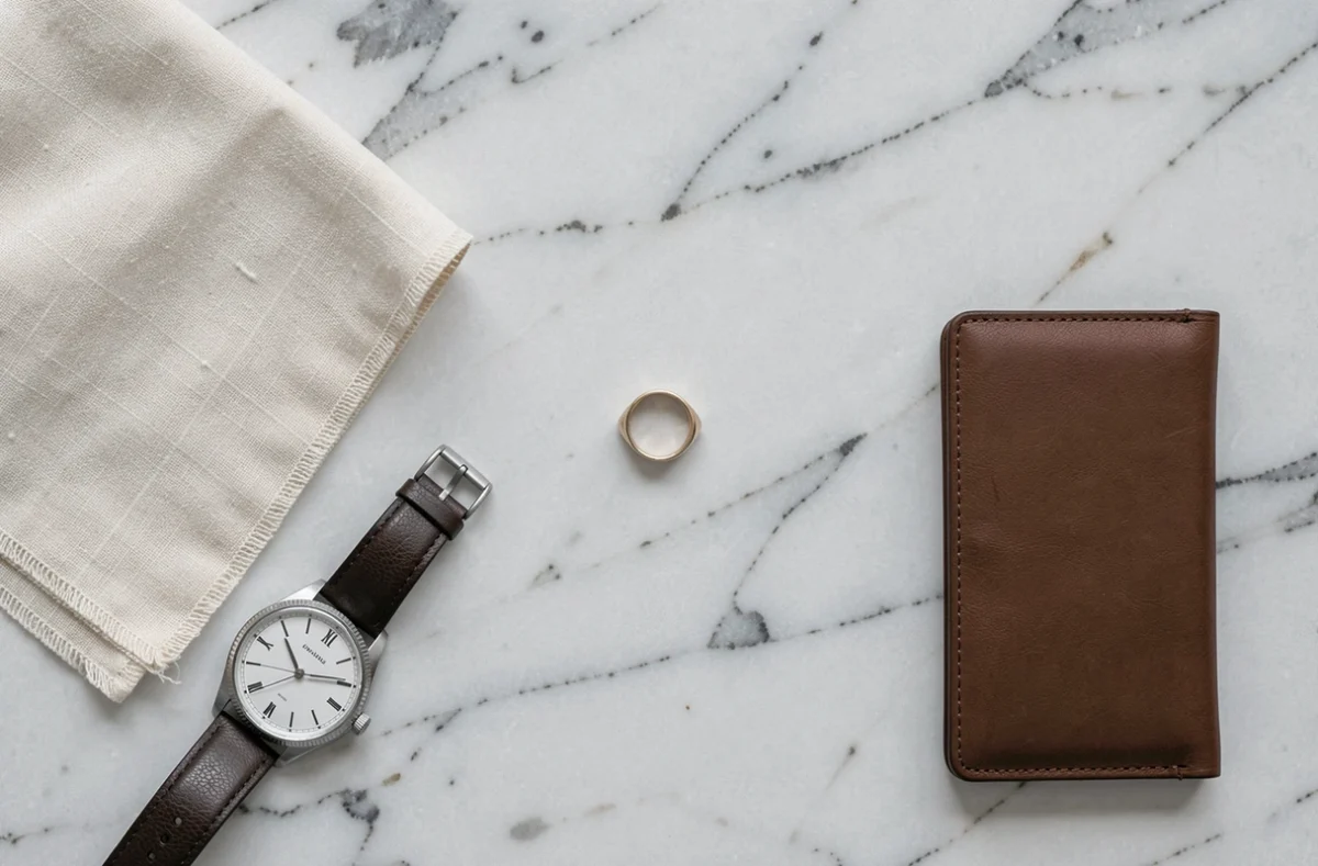 Flat lay élégant avec chevalière homme en or blanc sur marbre blanc, entourée de bracelet montre, pochette en lin et porte-cartes en cuir