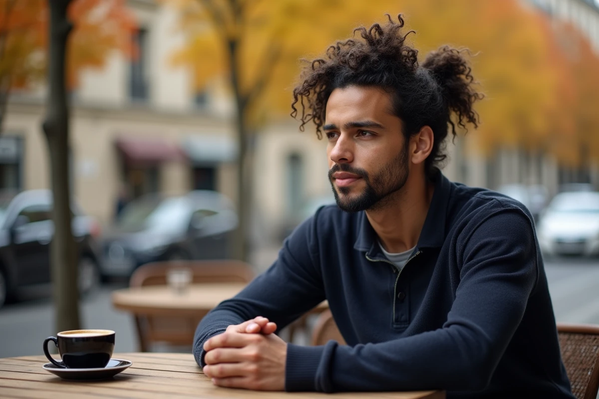 Homme hispanique avec chignon bas sur cheveux ondulés frisés, boucles libres autour des oreilles, assis en terrasse de café parisien en automne