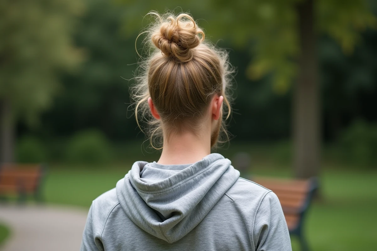 Homme blanc vue de dos avec chignon haut sur cheveux bouclés blonds et frisottis visibles, en hoodie gris dans un parc verdoyant