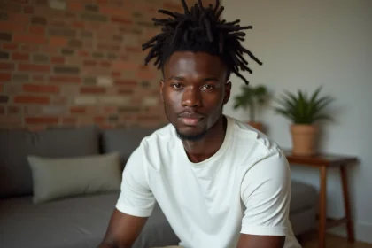Jeune homme noir avec un chignon haut sur cheveux bouclés naturels, mèches libres aux tempes, assis dans un appartement urbain minimaliste