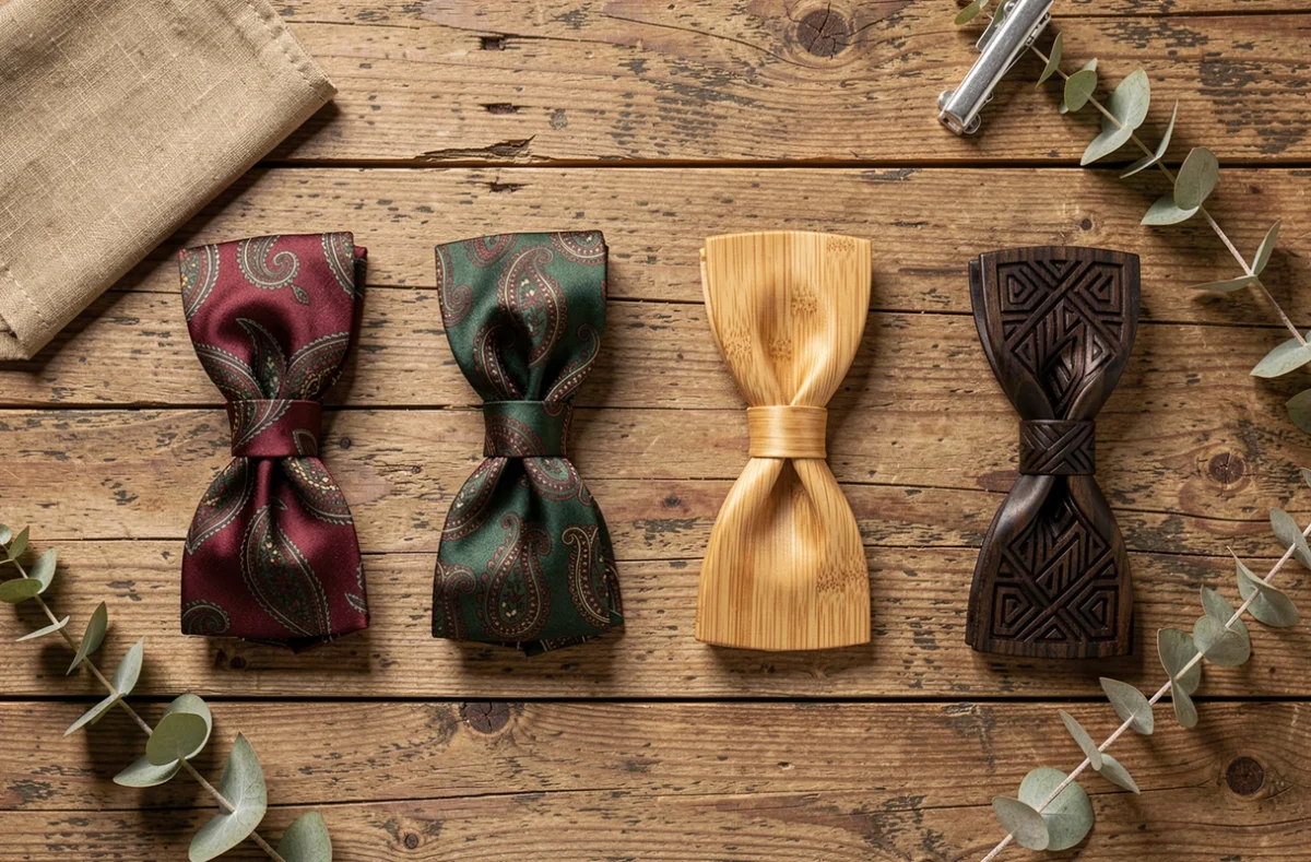 Pose à plat de quatre nœuds papillons variés en tissu et en bois sur surface en bois brut, avec accessoires de style vintage