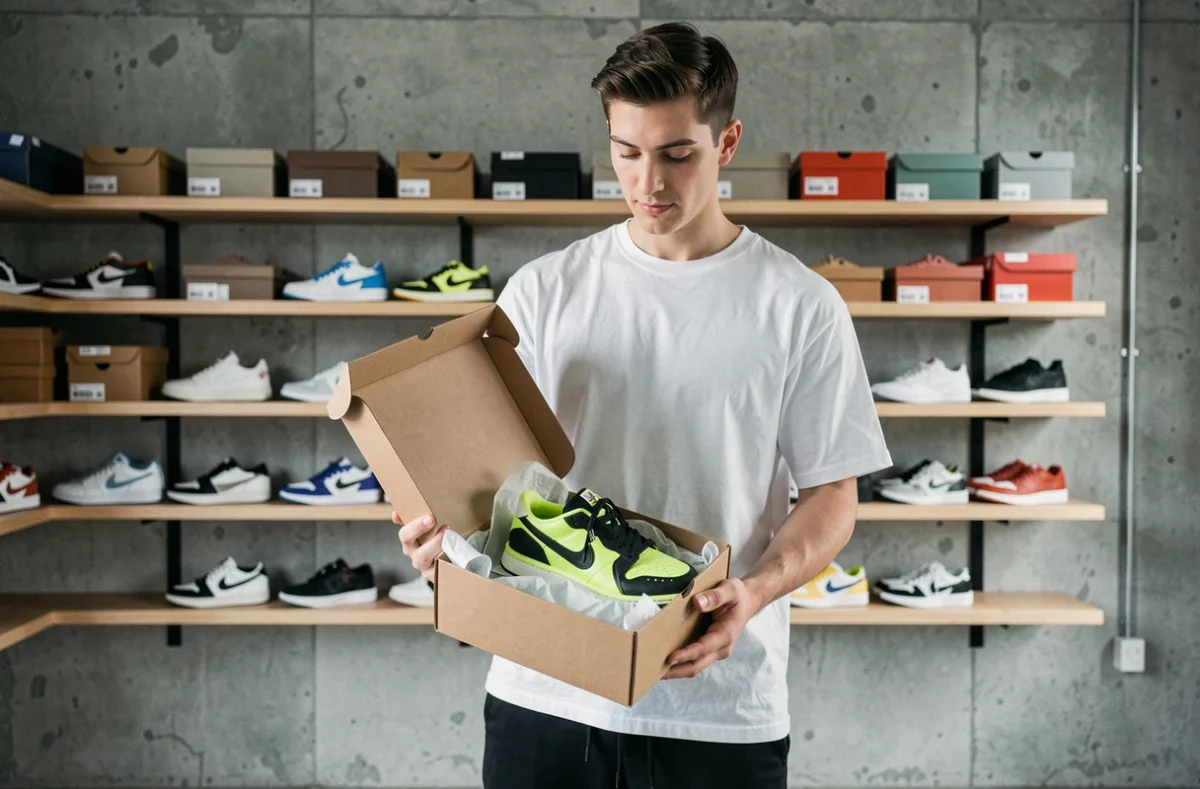 Collectionneur de sneakers tenant une boîte de baskets rares en collaboration star dans un appartement urbain moderne