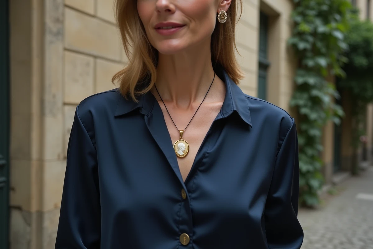 Femme élégante portant un collier pendentif camée or sur blouse bleue dans une cour parisienne en pierre, tendance bijoux 2026