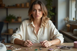 Femme comparant la qualité d'un kit de bracelet bas de gamme avec des matériaux de qualité supérieure sur une table en bois
