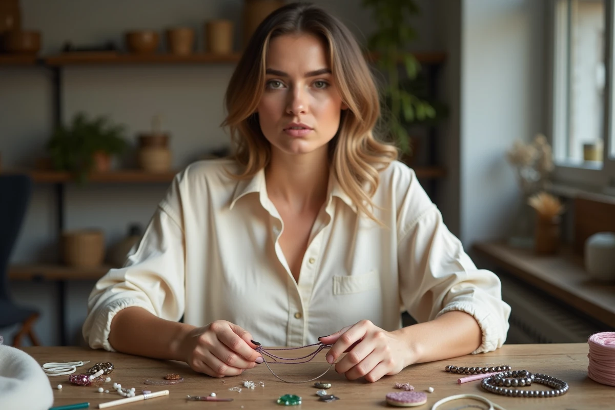 Femme comparant la qualité d'un kit de bracelet bas de gamme avec des matériaux de qualité supérieure sur une table en bois