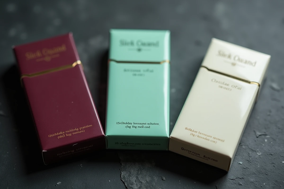 Trois paquets de cigarettes Vogue de couleurs différentes côte à côte sur une ardoise sombre, comparaison des designs bordeaux, vert menthe et ivoire