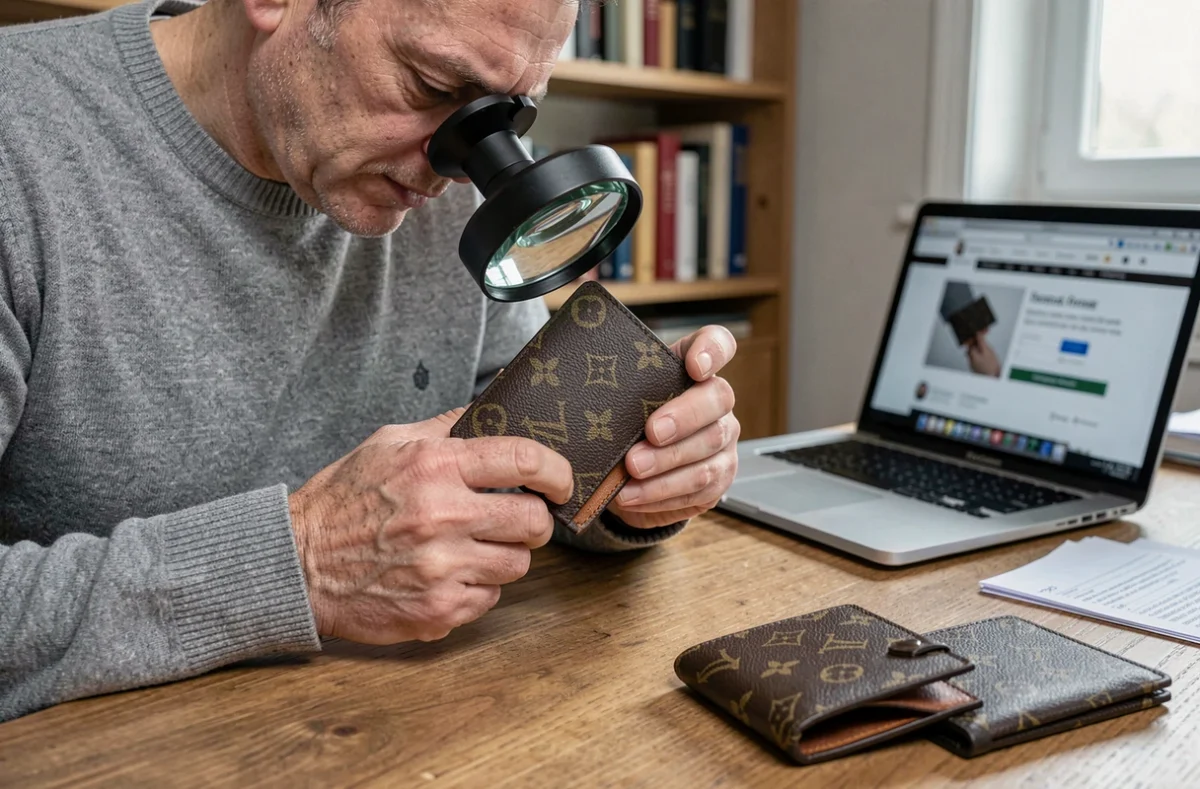 Homme comparant deux portefeuilles monogramme sous une loupe pour identifier les détails d'un faux sac Vuitton à domicile