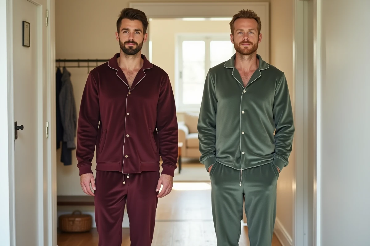 Comparaison de deux coupes de pyjama pilou homme coupe droite et coupe relax côte à côte dans un couloir
