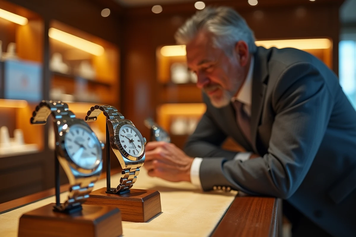 Comparaison Rolex Datejust 36 et Rolex 41 exposées dans une boutique de haute horlogerie avec un client en costume gris