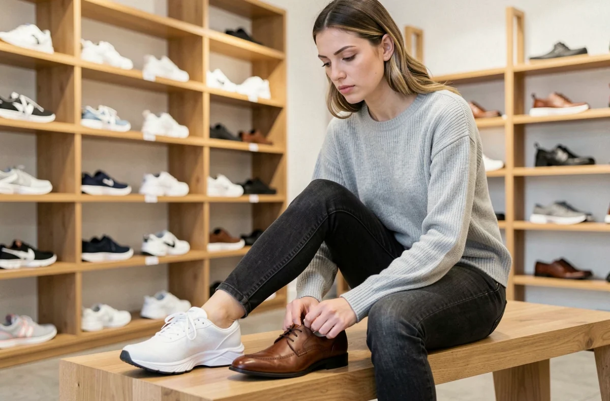 Femme comparant une basket de sport et une chaussure de ville dans un magasin de chaussures, illustrant les différences de taille entre les deux types de chaussures