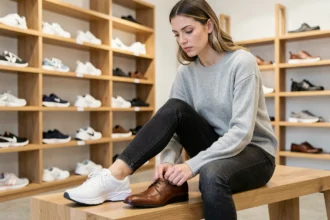 Femme comparant une basket de sport et une chaussure de ville dans un magasin de chaussures, illustrant les différences de taille entre les deux types de chaussures