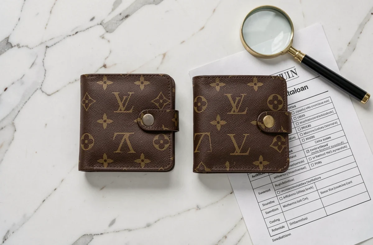 Comparaison côte à côte d'un vrai et d'un faux portefeuille Louis Vuitton pour identifier les signes de contrefaçon