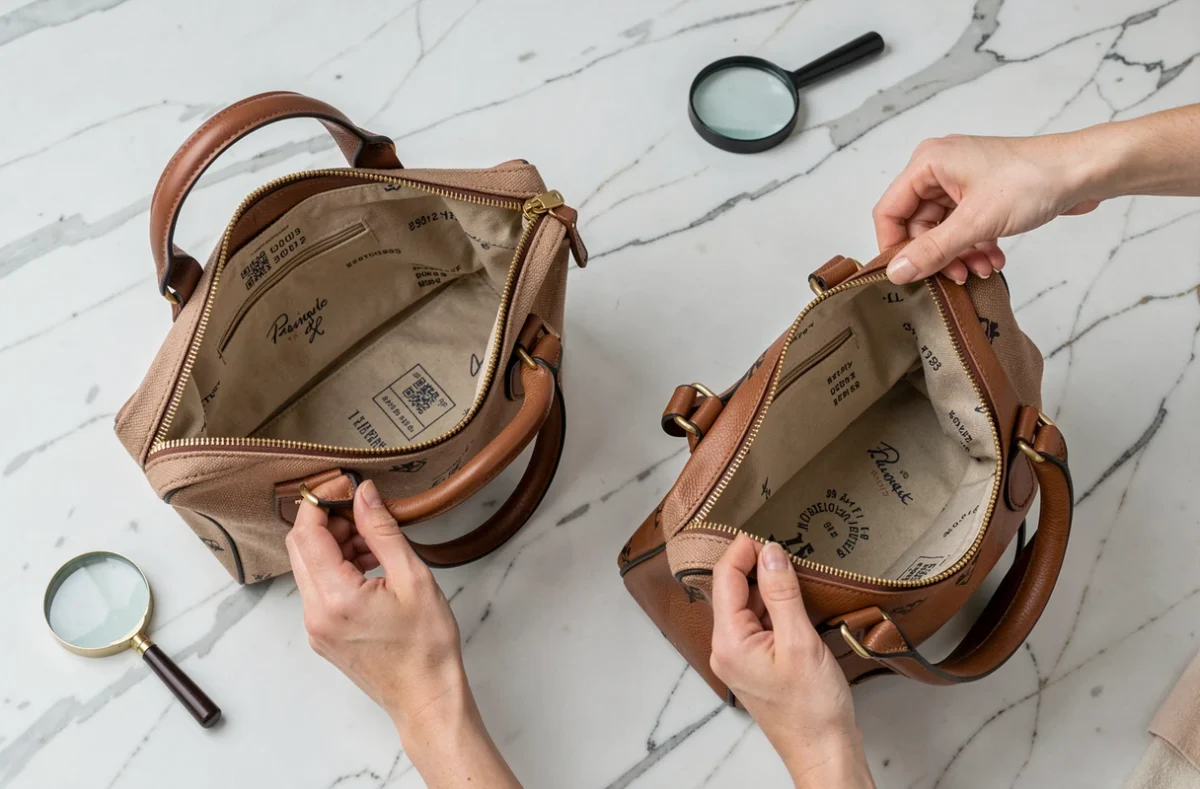 Comparaison côte à côte d'un vrai et d'un faux sac Louis Vuitton sur marbre blanc pour identifier les détails révélateurs de contrefaçon