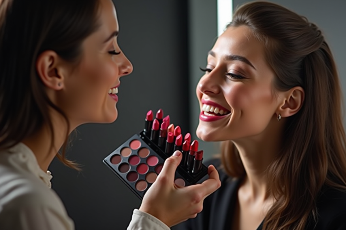 Consultation maquillage avec une palette de rouges à lèvres dans un studio moderne