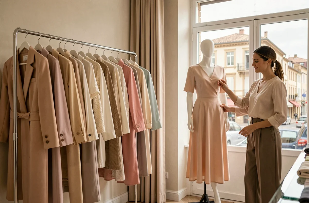 Intérieur de la boutique Coppelia à Avignon avec des vêtements féminins élégants sur des portants minimalistes et une vendeuse souriante