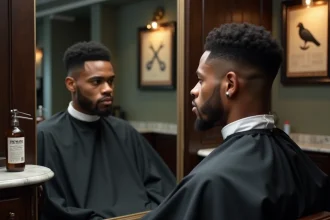 Homme avec coupe casquette taper fade parfaitement réalisée dans un salon de coiffure moderne, mettant en valeur les lignes nettes du dégradé sur un visage ovale