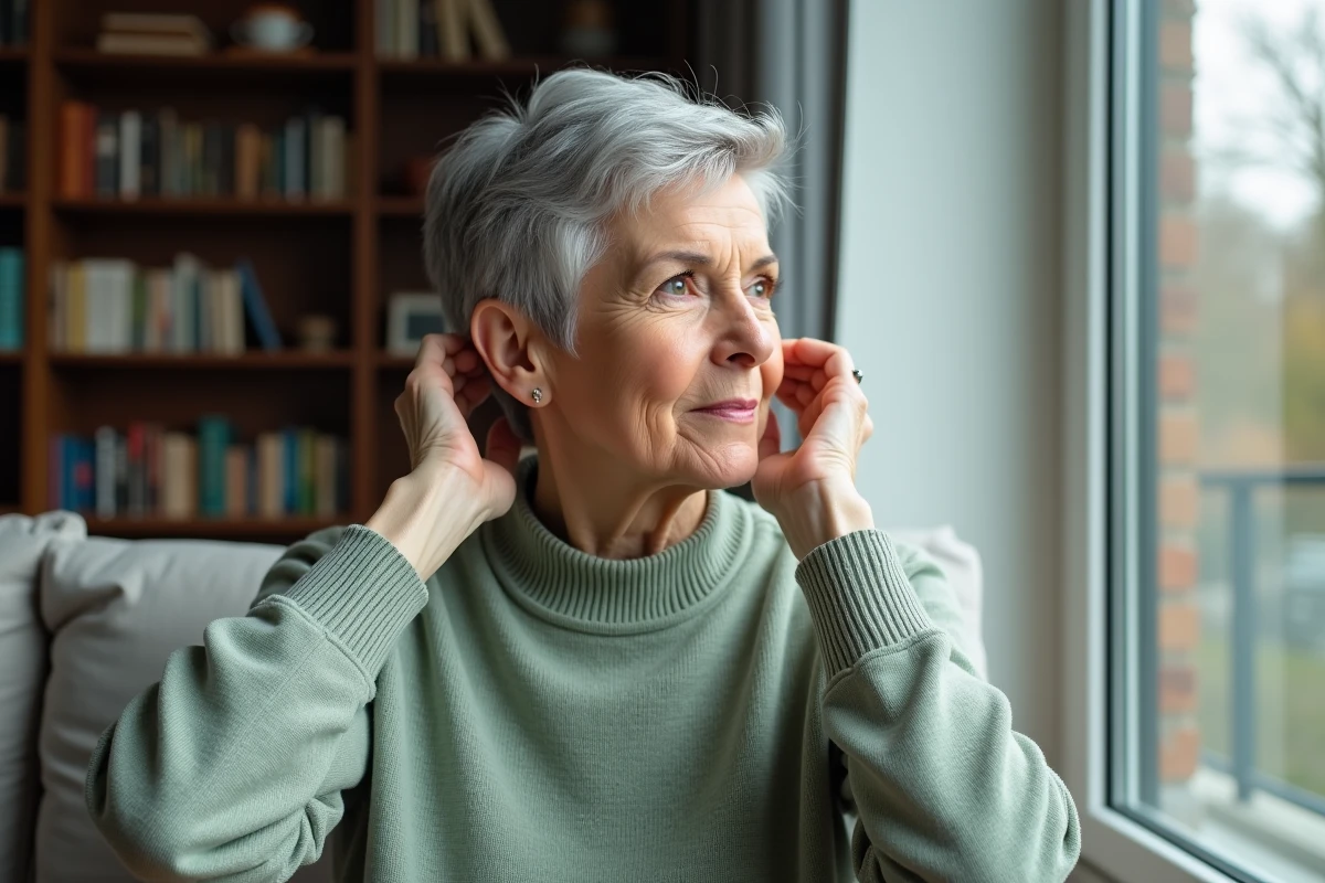 Femme mature aux cheveux courts gris avec coupe couronne volumisée à la maison