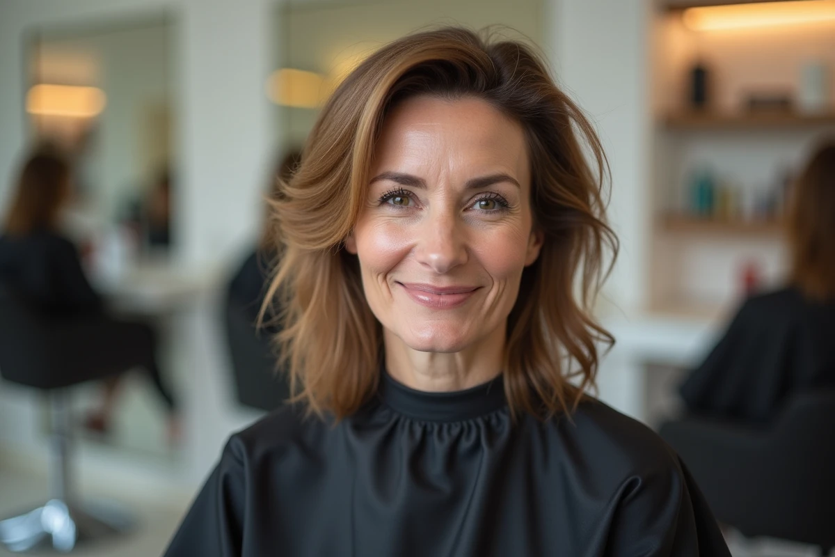 Femme aux cheveux fins avec une coupe couronne volumisée chez le coiffeur