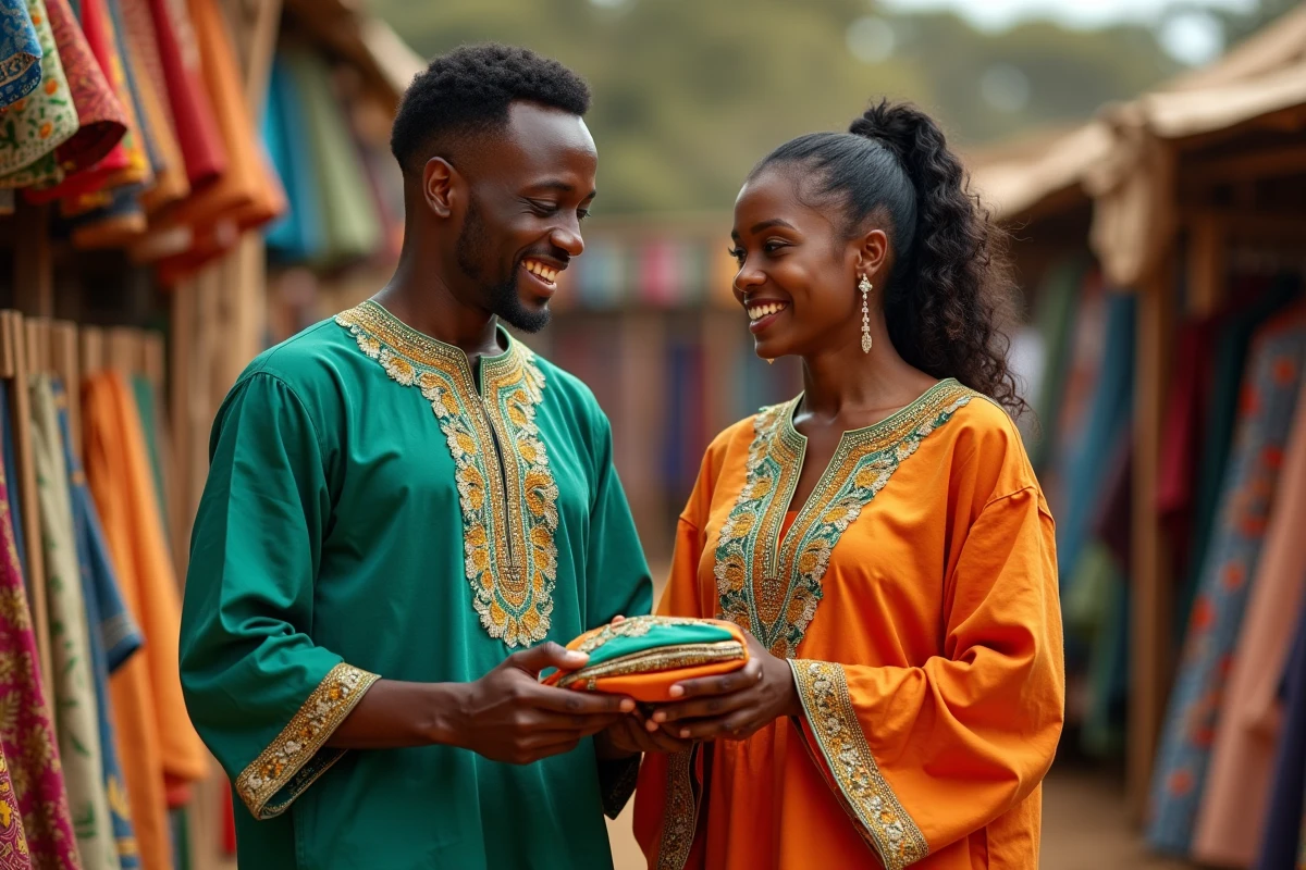 Homme et femme en chemises africaines Dashiki assorties explorant un marché de tissus africains coloré