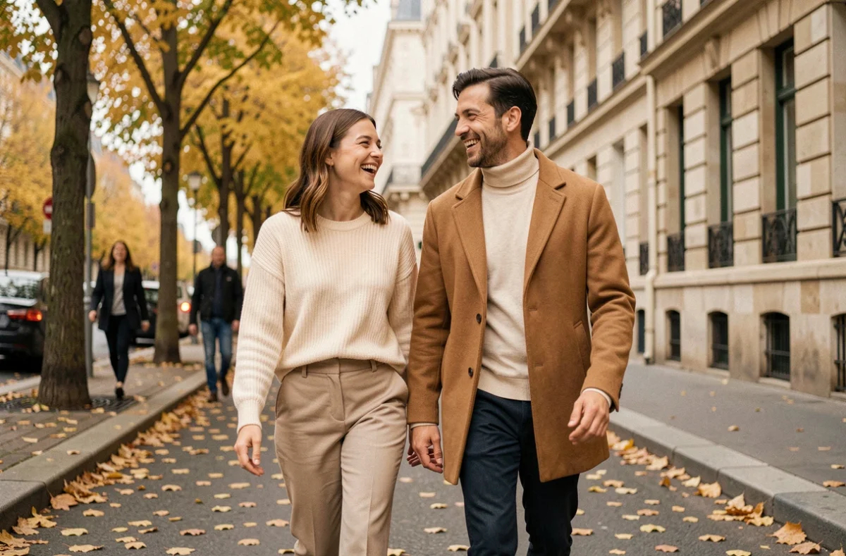 Couple assorti portant des tenues coordonnées dans des tons neutres beige et crème, se promenant dans une rue parisienne en automne