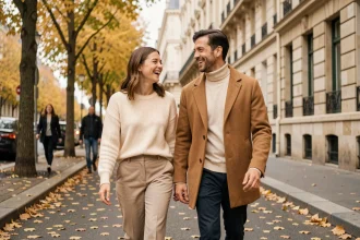 Couple assorti portant des tenues coordonnées dans des tons neutres beige et crème, se promenant dans une rue parisienne en automne