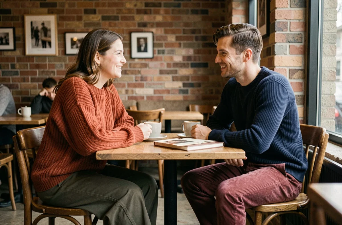 Couple avec des pulls dépareillés aux couleurs contrastées assis dans un café cosy, illustrant un style de mode assumé et original
