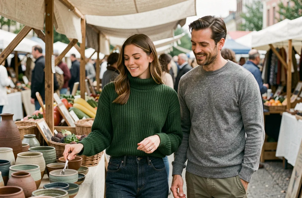 Couple en pulls assortis aux couleurs complémentaires visitant un marché artisanal en plein air dans une ambiance décontractée et naturelle