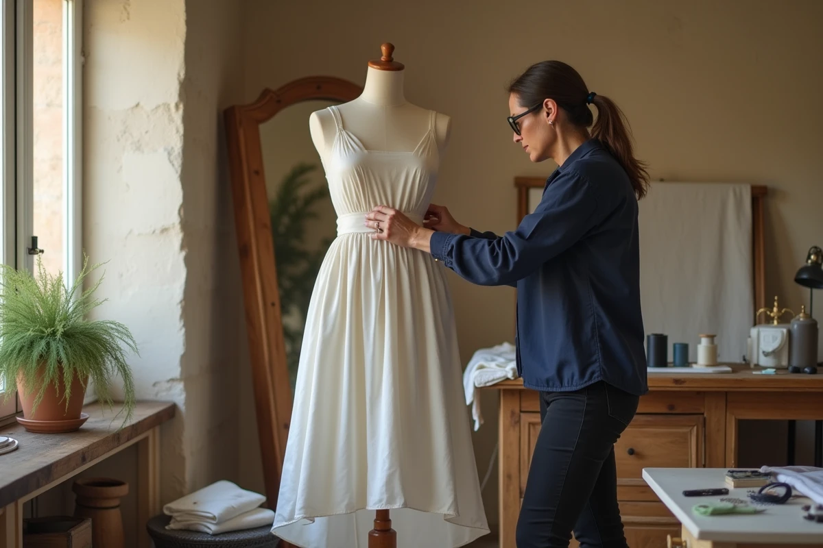 Couturière à domicile à Salon-de-Provence épinglant l'ourlet d'une robe sur une cliente dans un atelier provençal aux murs en pierre