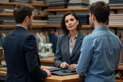 Femme parlant avec un tailleur dans un atelier moderne