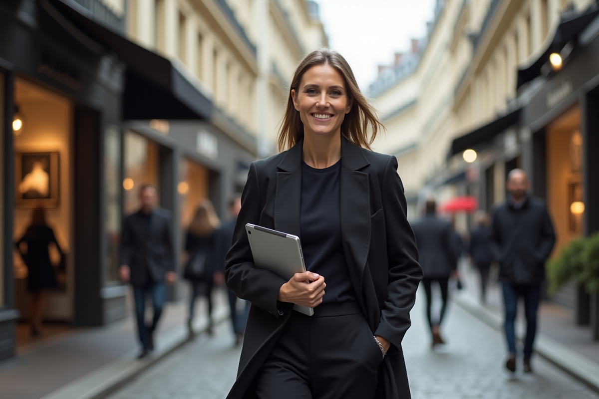 Couturiere parisienne marchant dans la rue animée