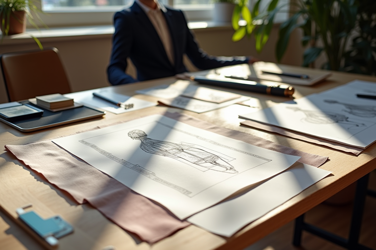 Croquis de couture et échantillons de tissus sur un bureau lumineux