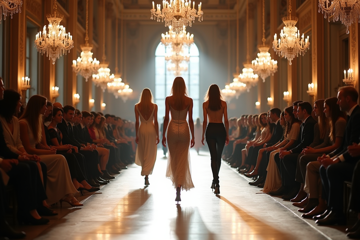 Défilé élégant à Paris Fashion Week avec modèles et chandeliers