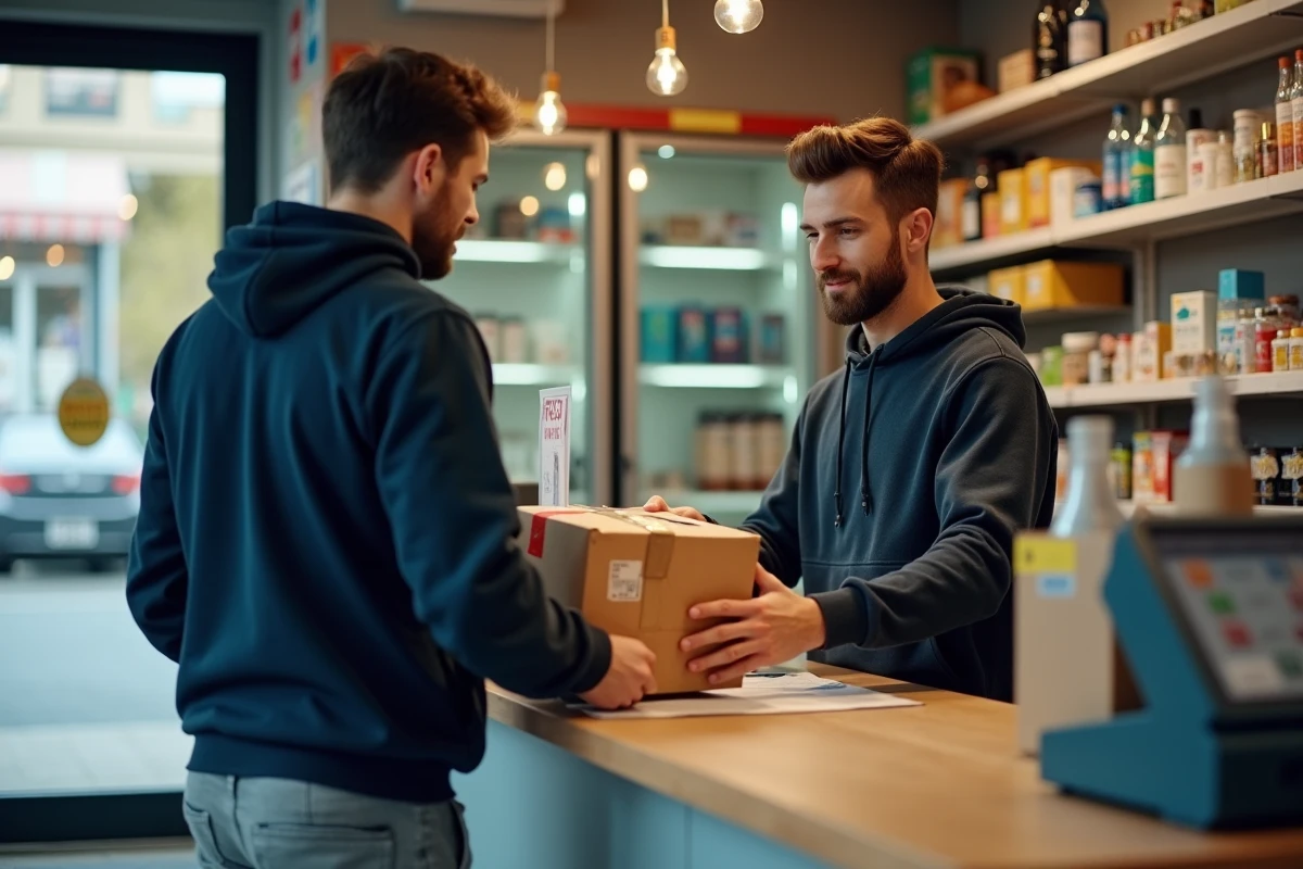 Homme déposant un colis Vinted au comptoir d'un point relais en magasin de proximité