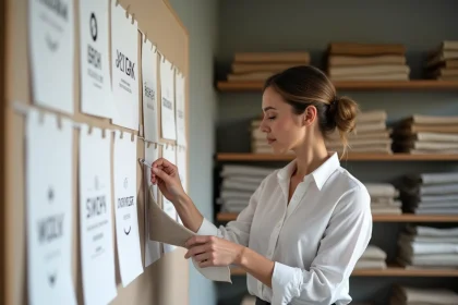 Designer examinant des variantes de logo de marque de vêtements sur un moodboard dans un studio de branding moderne