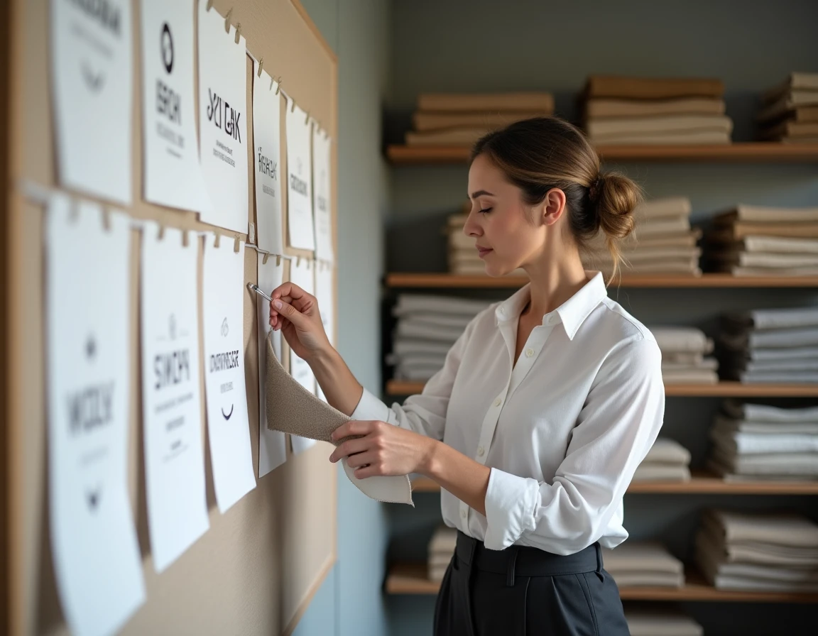 Designer examinant des variantes de logo de marque de vêtements sur un moodboard dans un studio de branding moderne