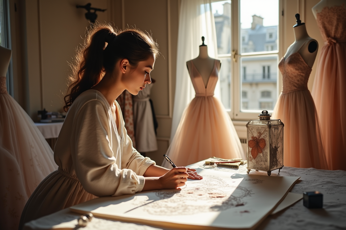 Dessinateur de mode esquissant une robe haute couture à Paris