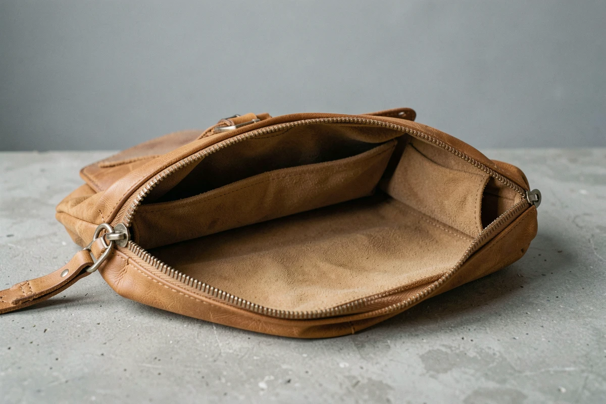 Vue intérieure détaillée d'une sacoche cuir pour laptop montrant compartiments et finitions métalliques