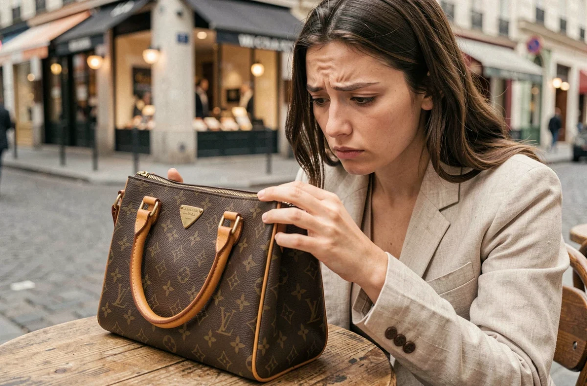 Femme examinant attentivement un sac à main de luxe de style Louis Vuitton pour détecter une contrefaçon