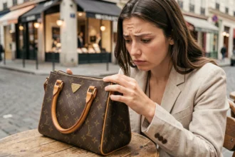 Femme examinant attentivement un sac à main de luxe de style Louis Vuitton pour détecter une contrefaçon