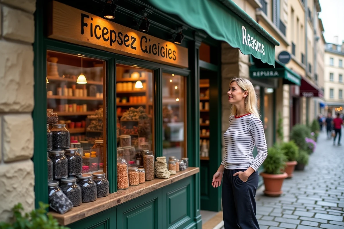 Devanture d'une boutique de réglisse et confiseries dans une rue de Givors avec une cliente regardant la vitrine