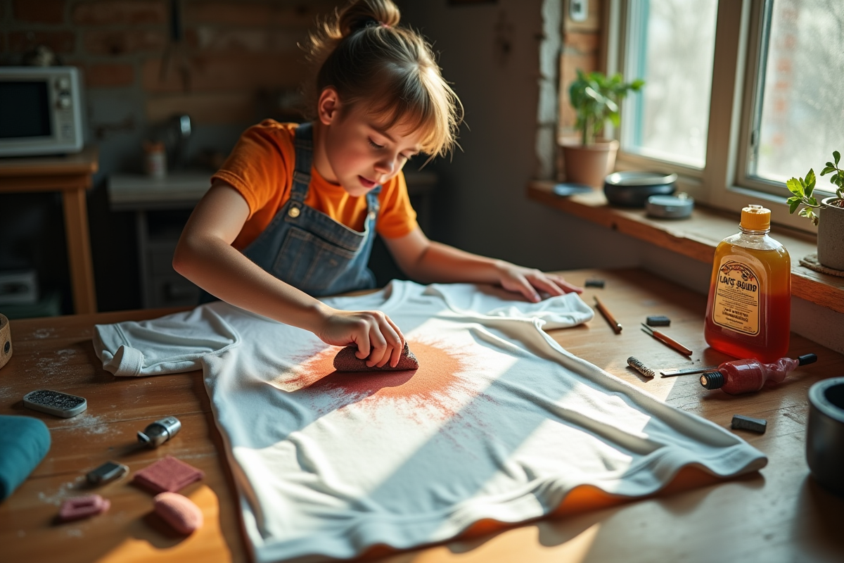 Jeune personne distressant un t-shirt blanc avec des outils vintage