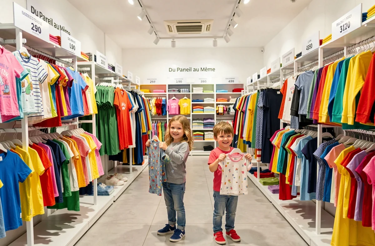 Deux enfants choisissant des vêtements basiques et accessibles chez Du Pareil au Même à Lyon