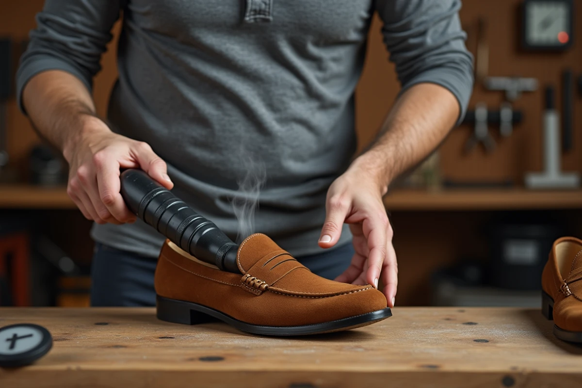 Homme utilisant un appareil à vapeur pour élargir une chaussure en daim par la chaleur