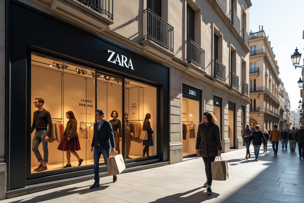 Vitrine Zara animée dans une rue de Madrid ensoleillée