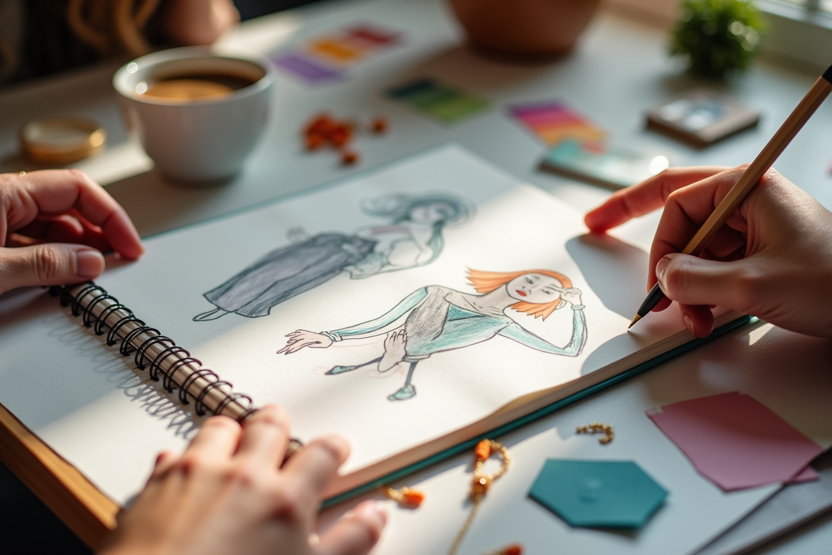 Espace de création mode avec croquis et accessoires