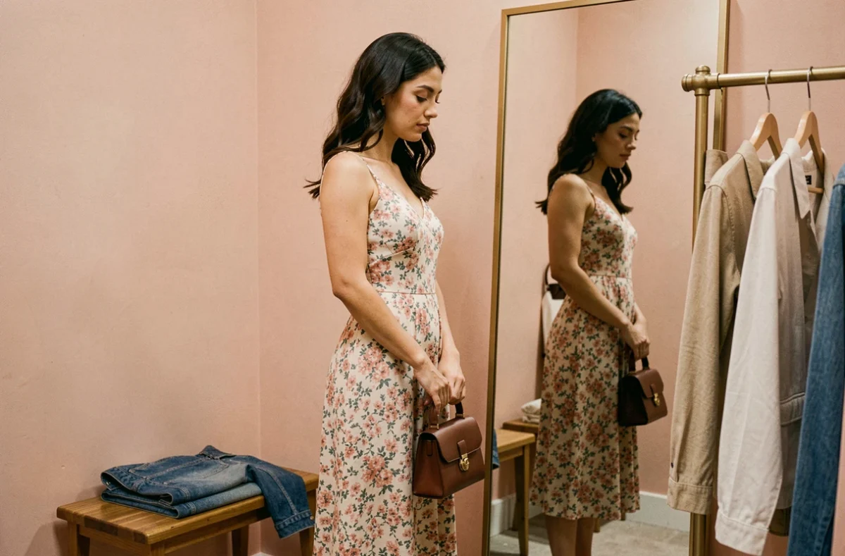 Femme essayant une robe dans une cabine d'essayage de boutique de mode, reflétée dans un miroir pleine longueur